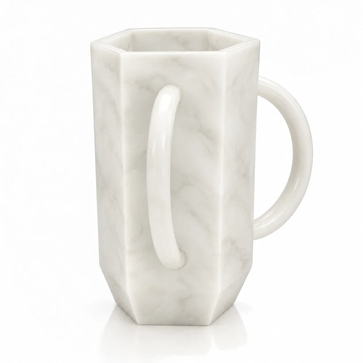 White marble-look resin hexagon wash cup with a loop handle for a modern washing station