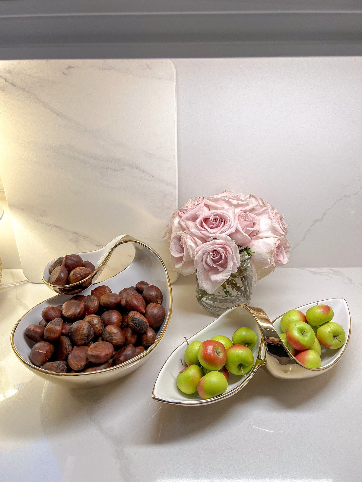 White Porcelain Double Snack Bowl with Gold, 13"L