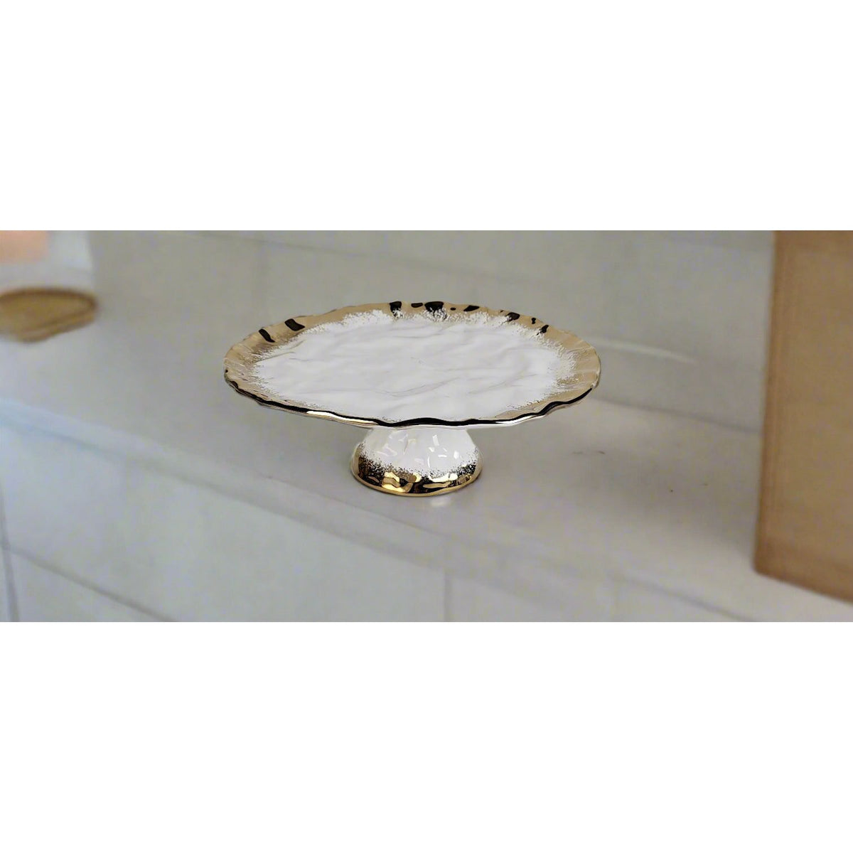 White Porcelain Cake Stand with Gold Edge, 13.25"D