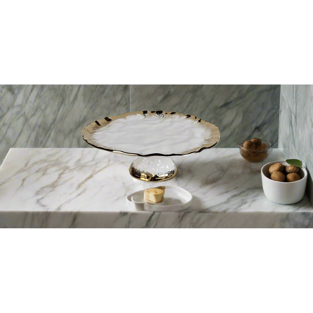 White Porcelain Cake Stand with Gold Edge, 13.25"D