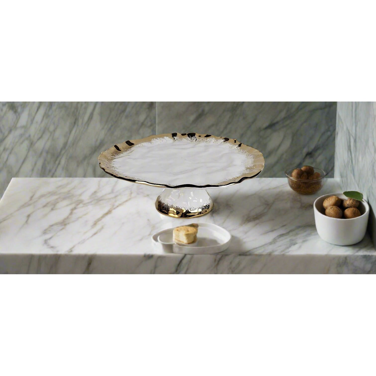 White Porcelain Cake Stand with Gold Edge, 13.25"D