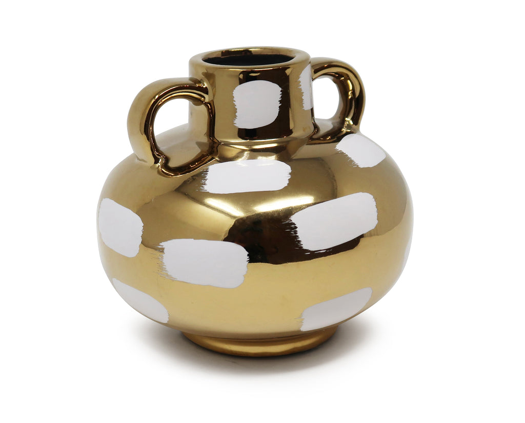 Gold Vase with White Brushstroke Design with Handles