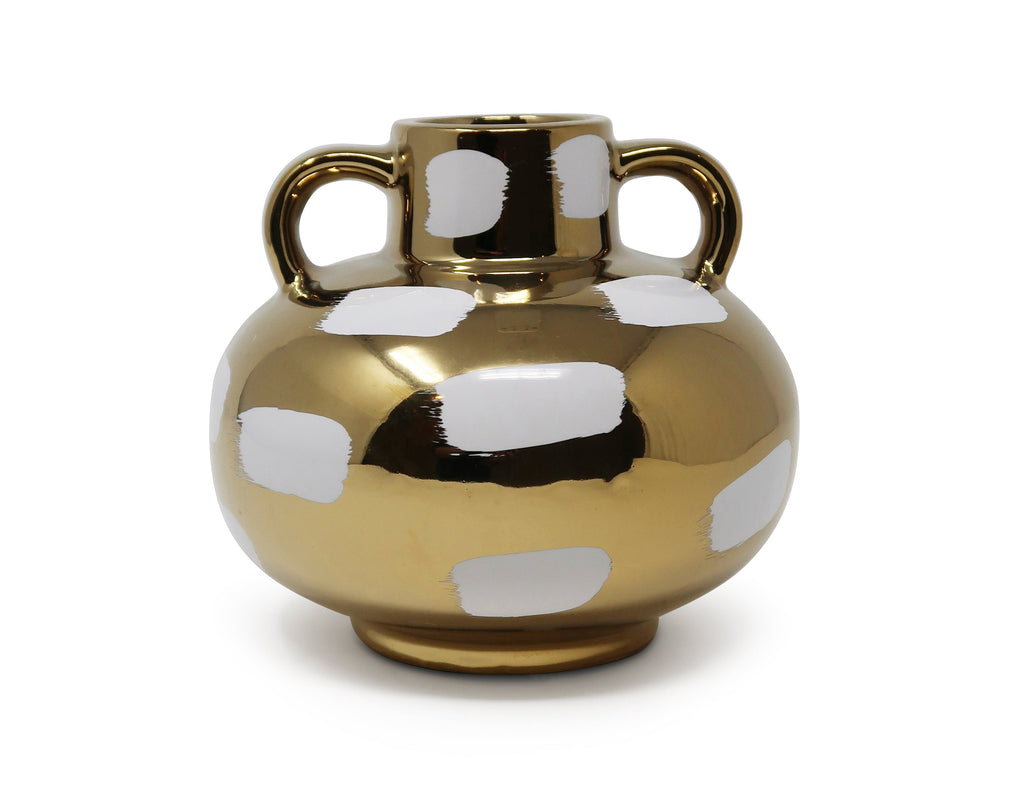 Gold Vase with White Brushstroke Design with Handles