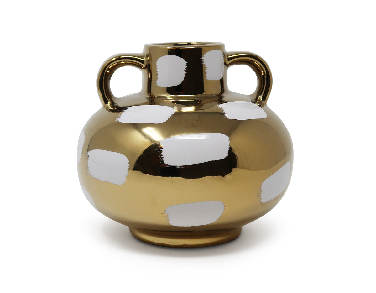 Gold Vase with White Brushstroke Design with Handles