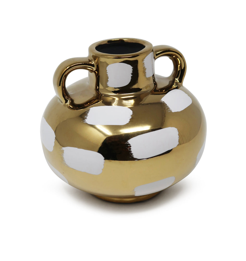 Gold Vase with White Brushstroke Design with Handles
