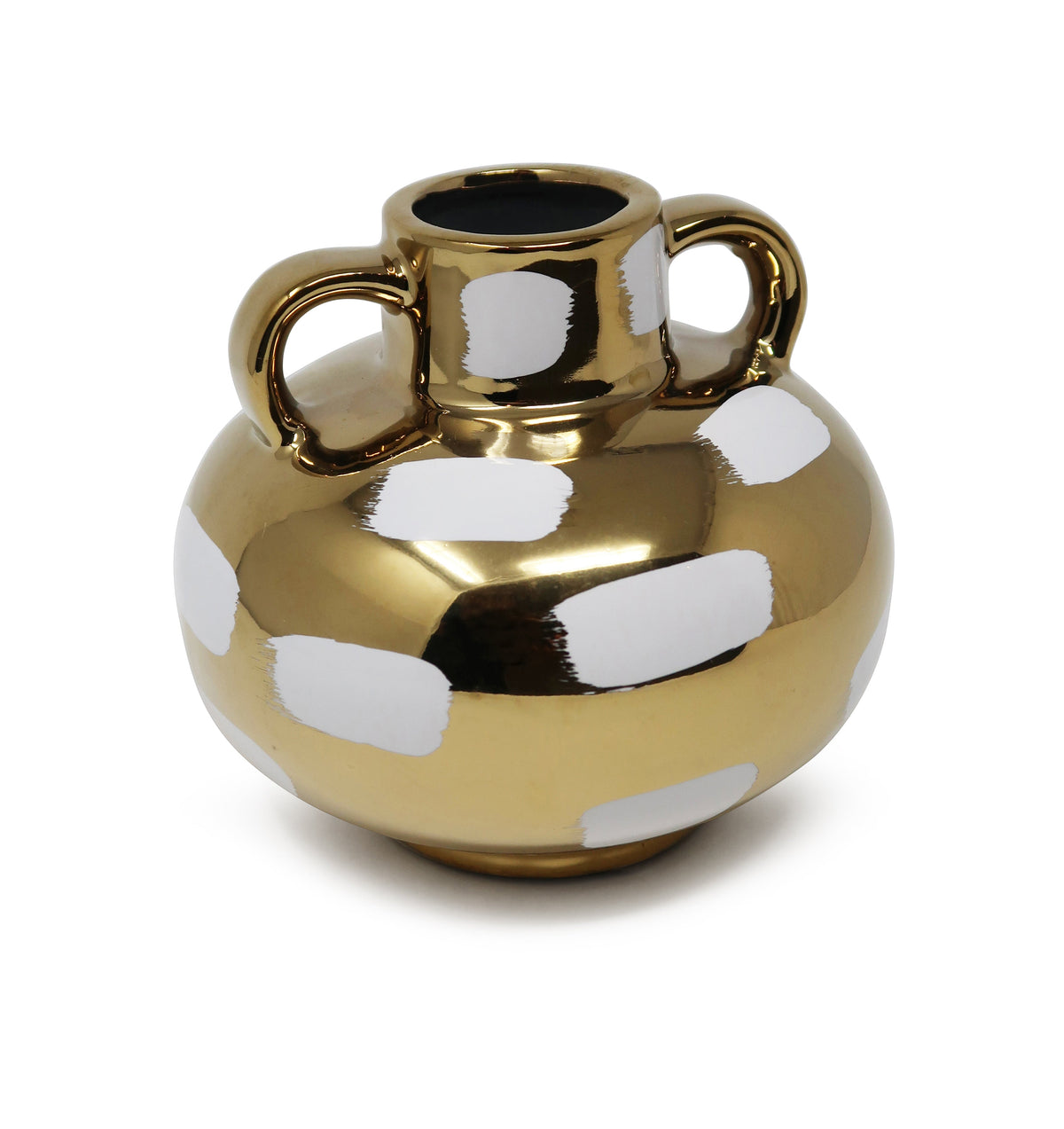 Gold Vase with White Brushstroke Design with Handles