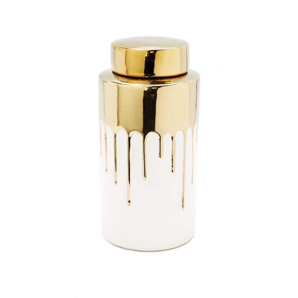White Jar with Gold Cover and Drip Design