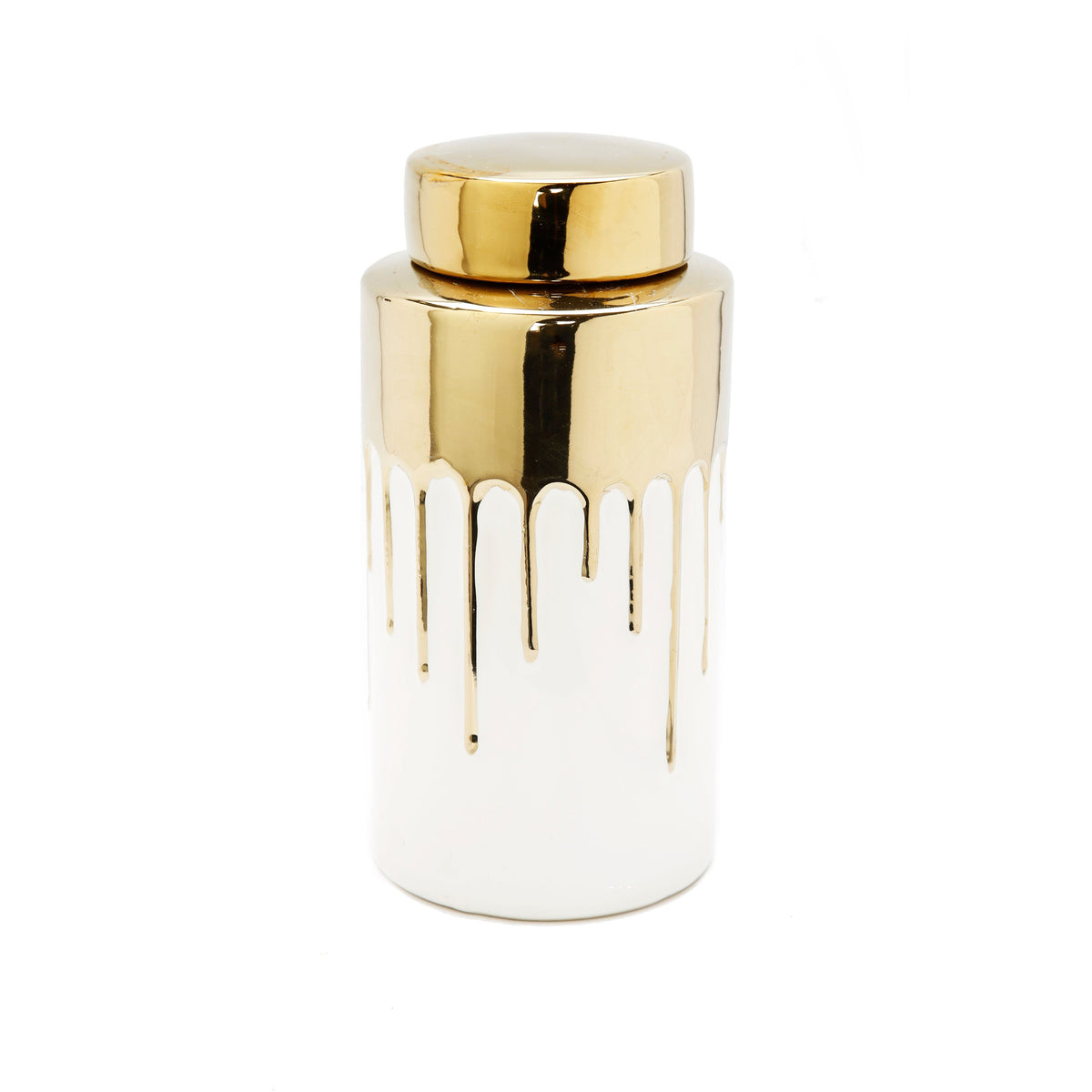 White Jar with Gold Cover and Drip Design