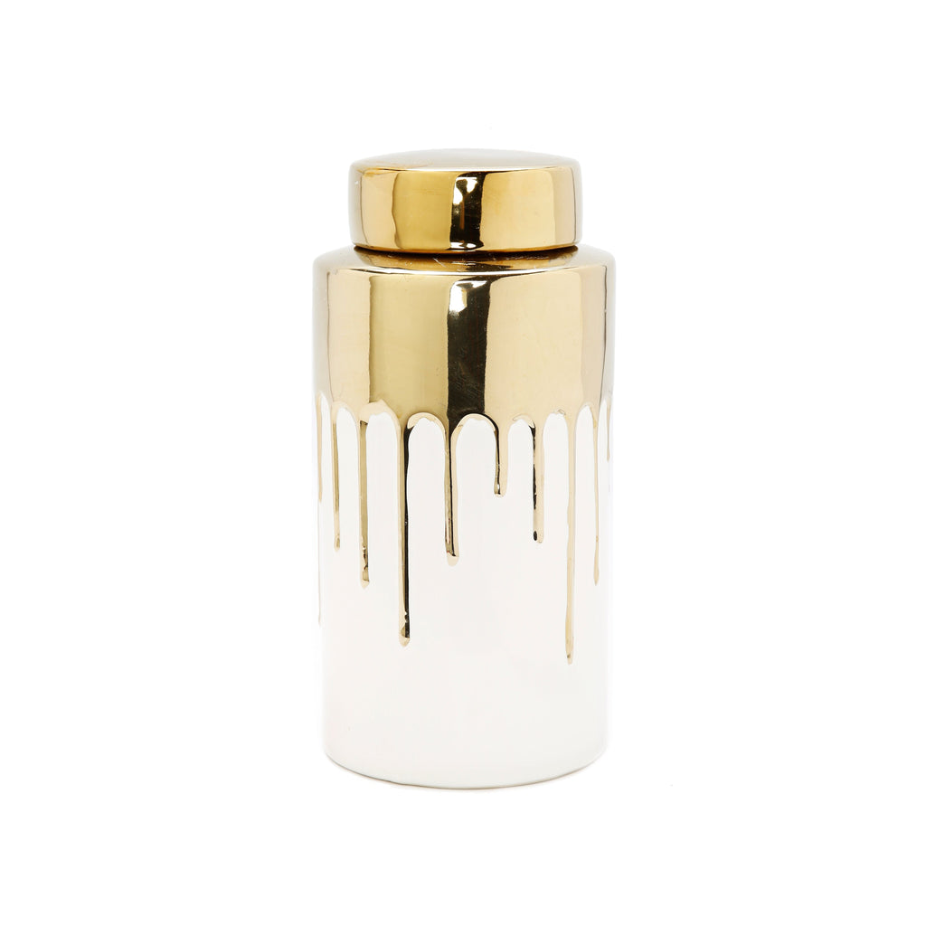 White Jar with Gold Cover and Drip Design