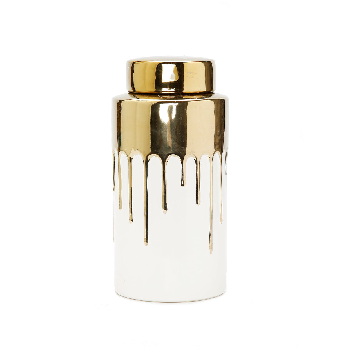 White Jar with Gold Cover and Drip Design