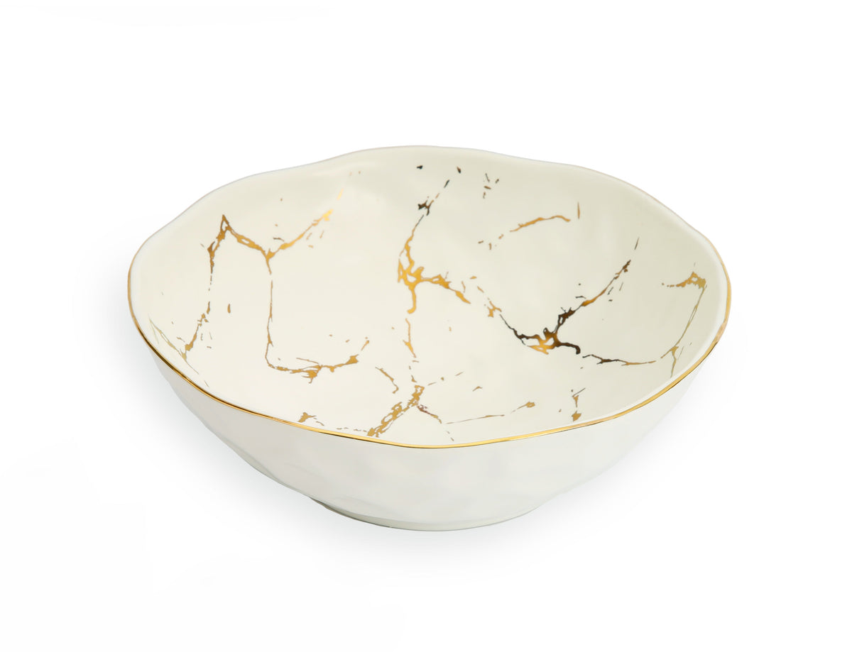White Porcelain Bowl with Gold Design - 8.75"D x 3"H