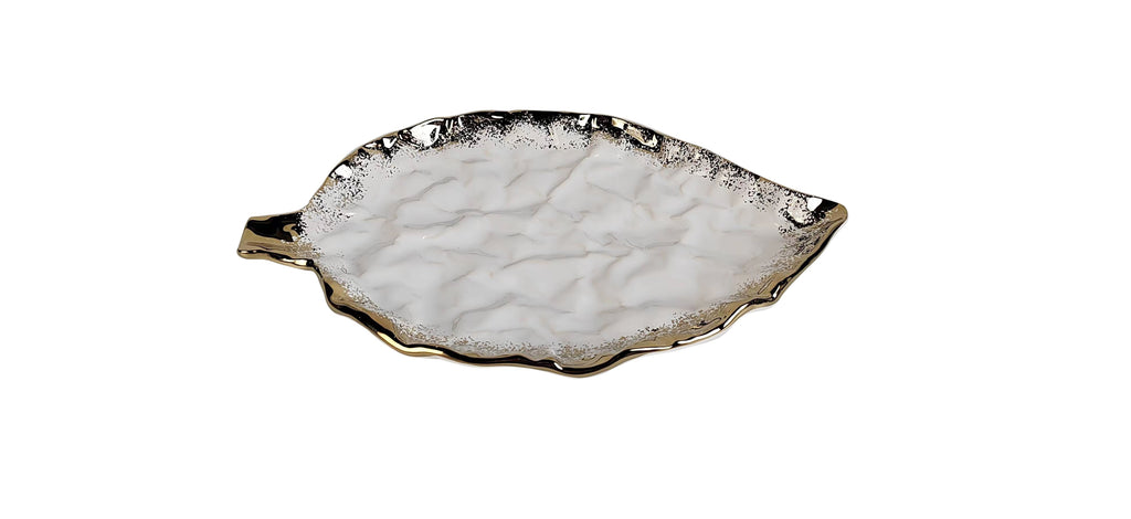 White Porcelain Leaf Dish With Gold Edge, 15"