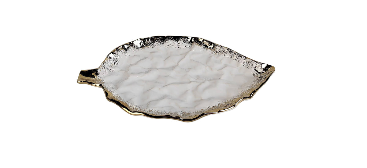 White Porcelain Leaf Dish With Gold Edge, 15"