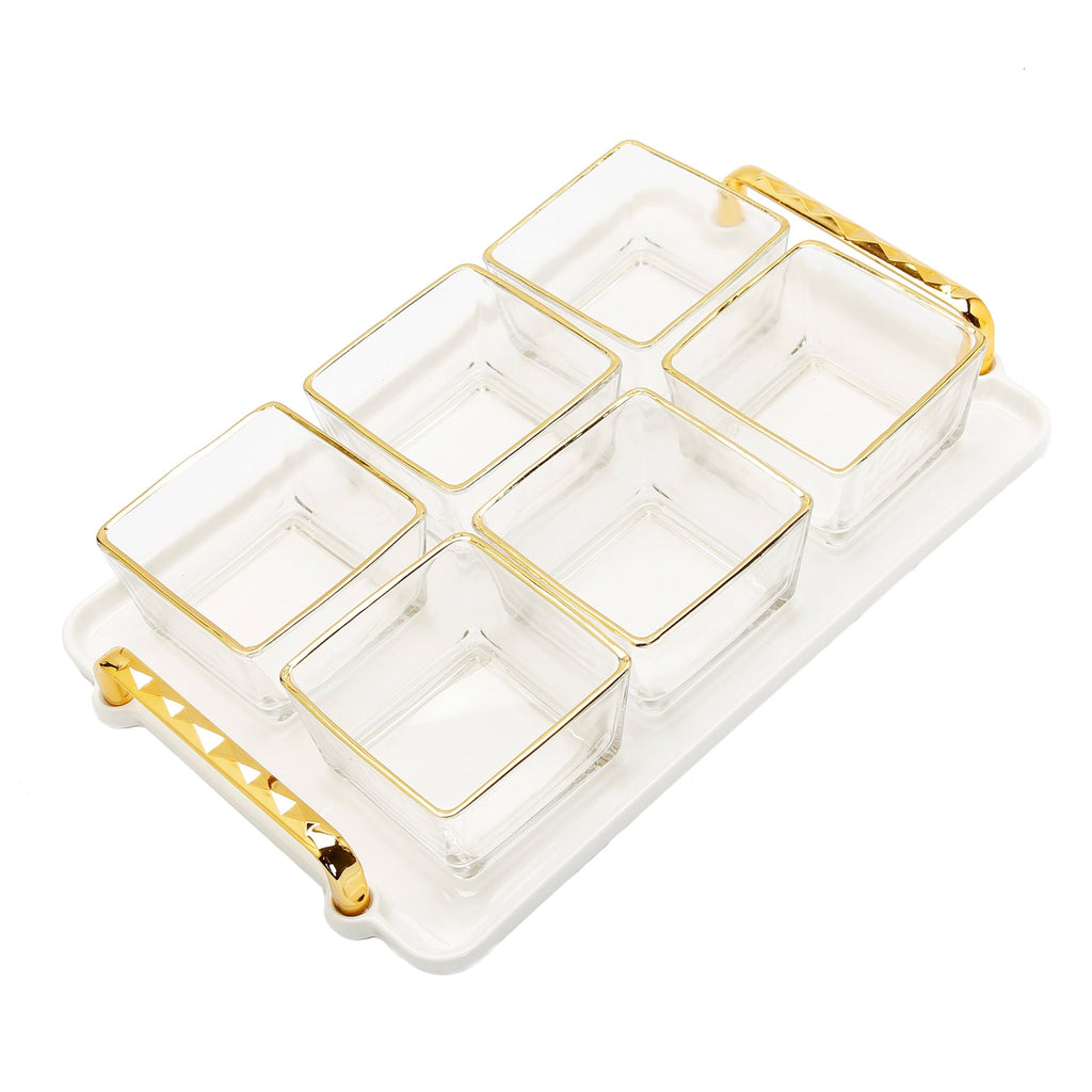 6 Bowl Serving Dish White Tray with Glass Bowls Gold Trimmed - 13.5"L