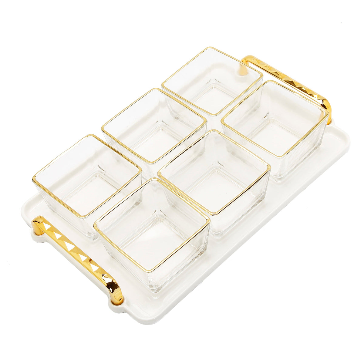 6 Bowl Serving Dish White Tray with Glass Bowls Gold Trimmed - 13.5"L