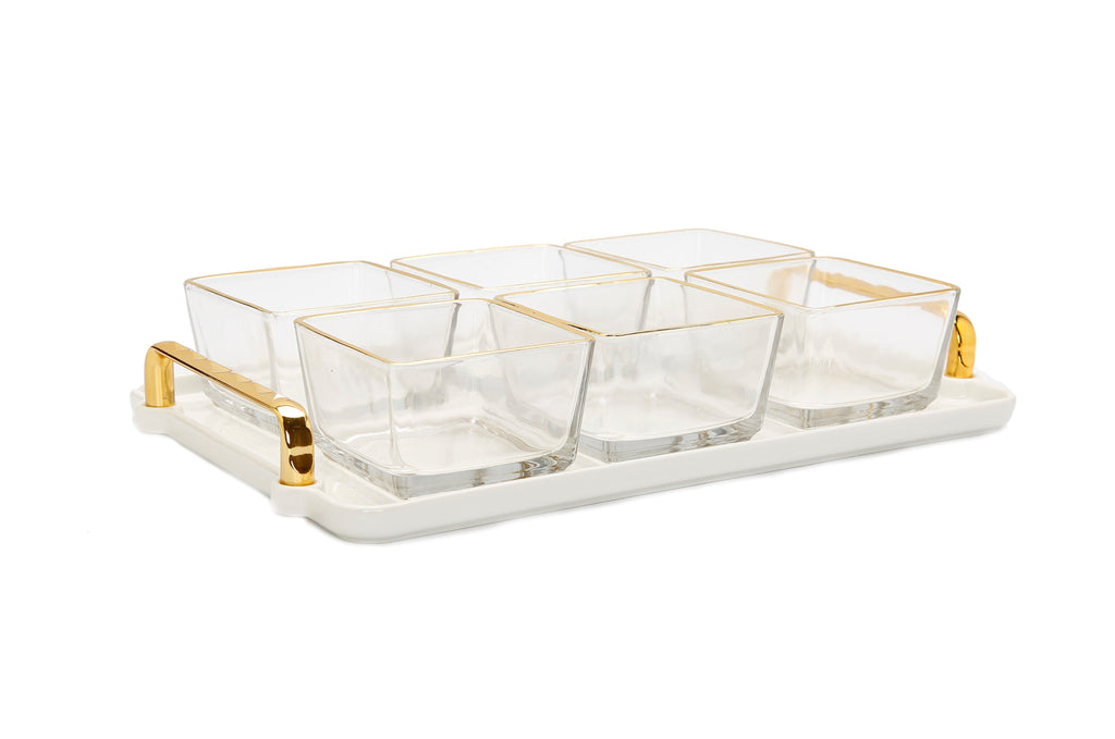 6 Bowl Serving Dish White Tray with Glass Bowls Gold Trimmed - 13.5"L