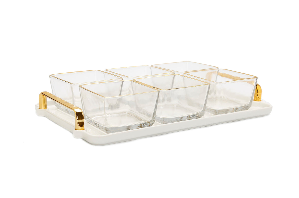 6 Bowl Serving Dish White Tray with Glass Bowls Gold Trimmed - 13.5"L