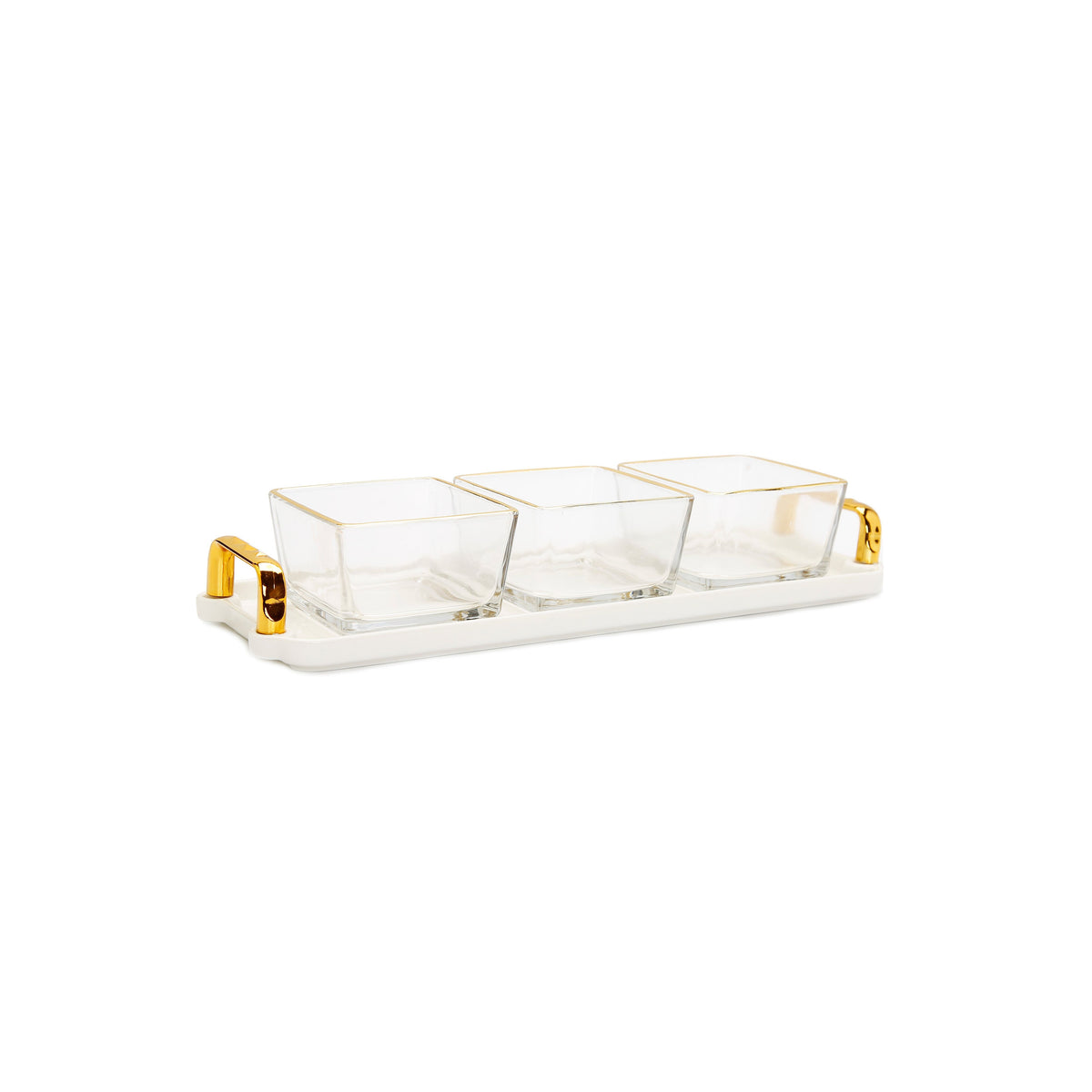 3 Bowl Serving Dish White Tray with Glass Bowls Gold Trimmed - 13.5"L