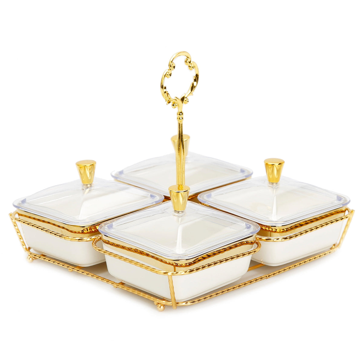 White Porcelain 4 Bowl Relish Dish on Gold Base - 8"