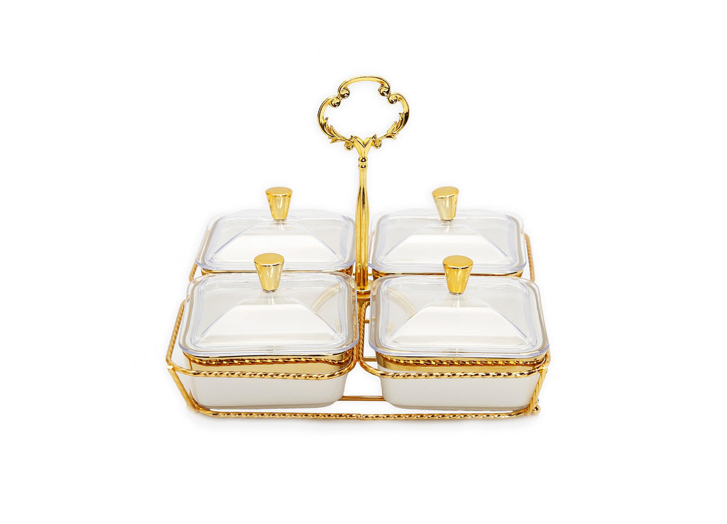 White Porcelain 4 Bowl Relish Dish on Gold Base - 8"