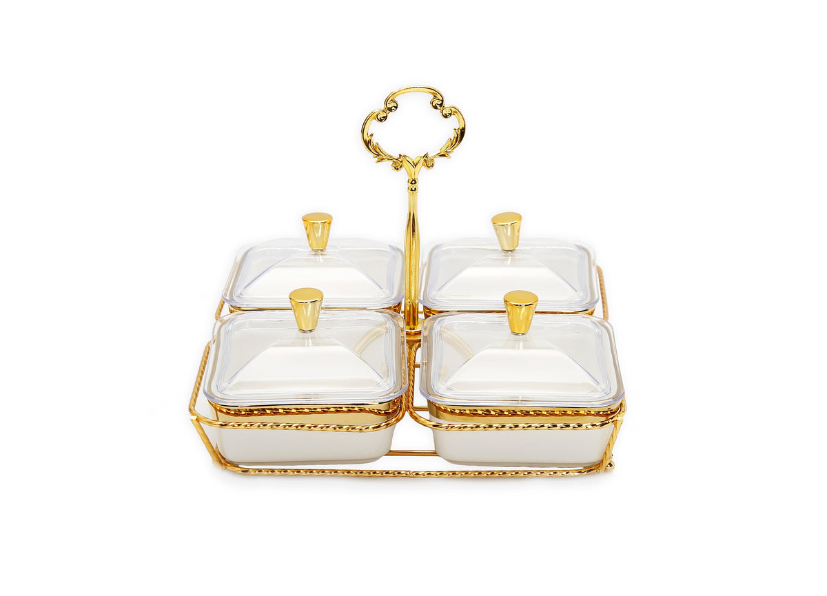 White Porcelain 4 Bowl Relish Dish on Gold Base - 8"