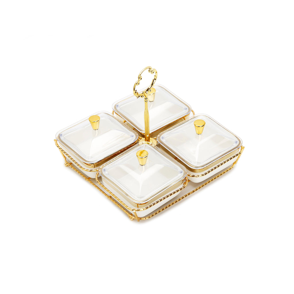 White Porcelain 4 Bowl Relish Dish on Gold Base - 8"