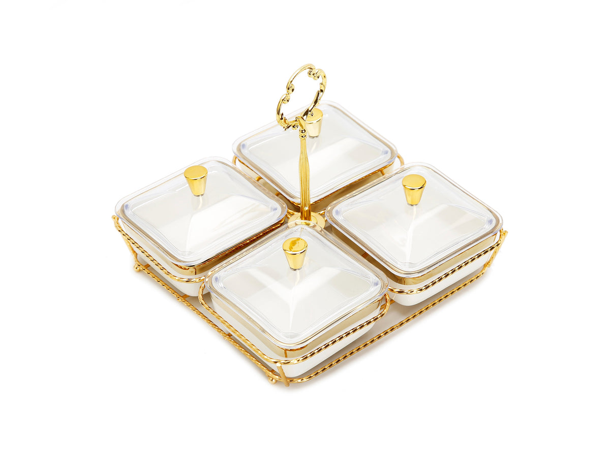 White Porcelain 4 Bowl Relish Dish on Gold Base - 8"