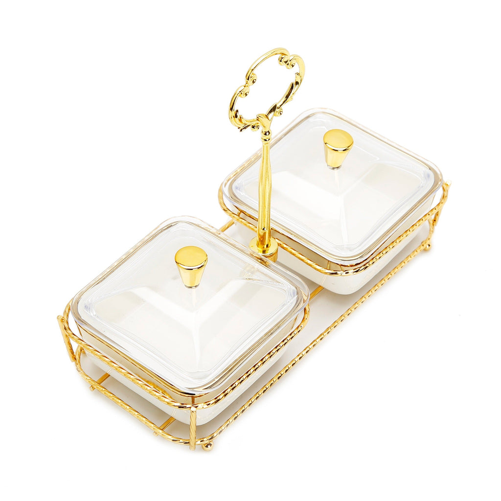 White Porcelain 2 Bowl Relish Dish on Gold Base - 8.25"L