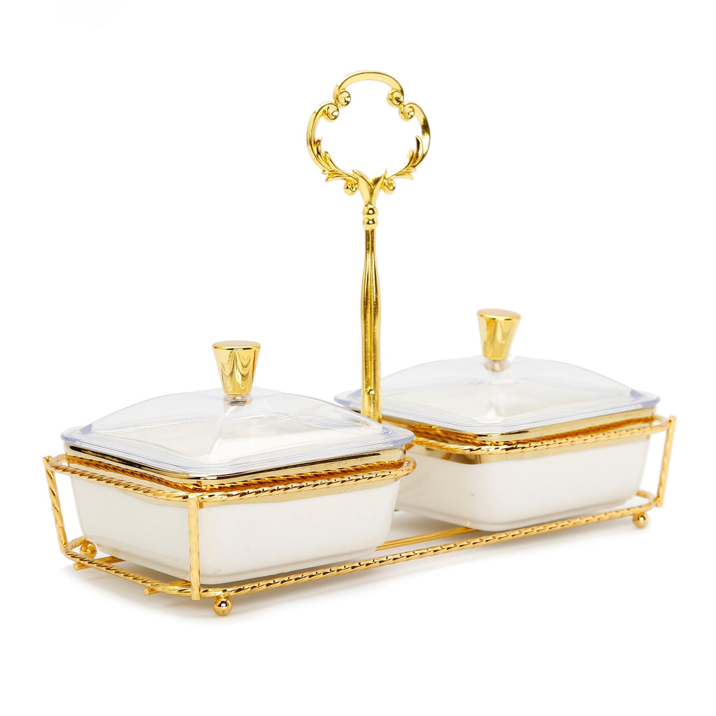 White Porcelain 2 Bowl Relish Dish on Gold Base - 8.25"L