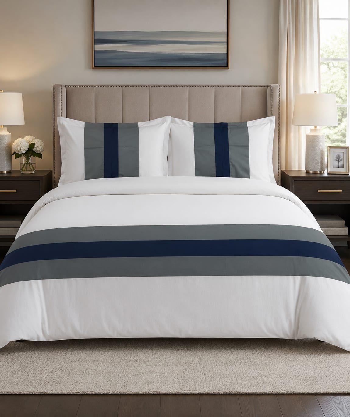 Grey Navy Hotel Duvet Cover Bedding Set