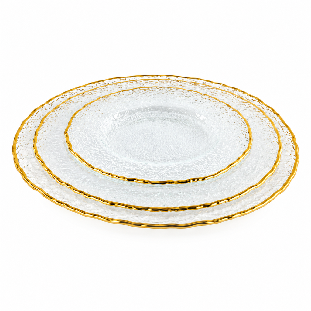 Set of 4 Textured Glass Plates with Gold Rim