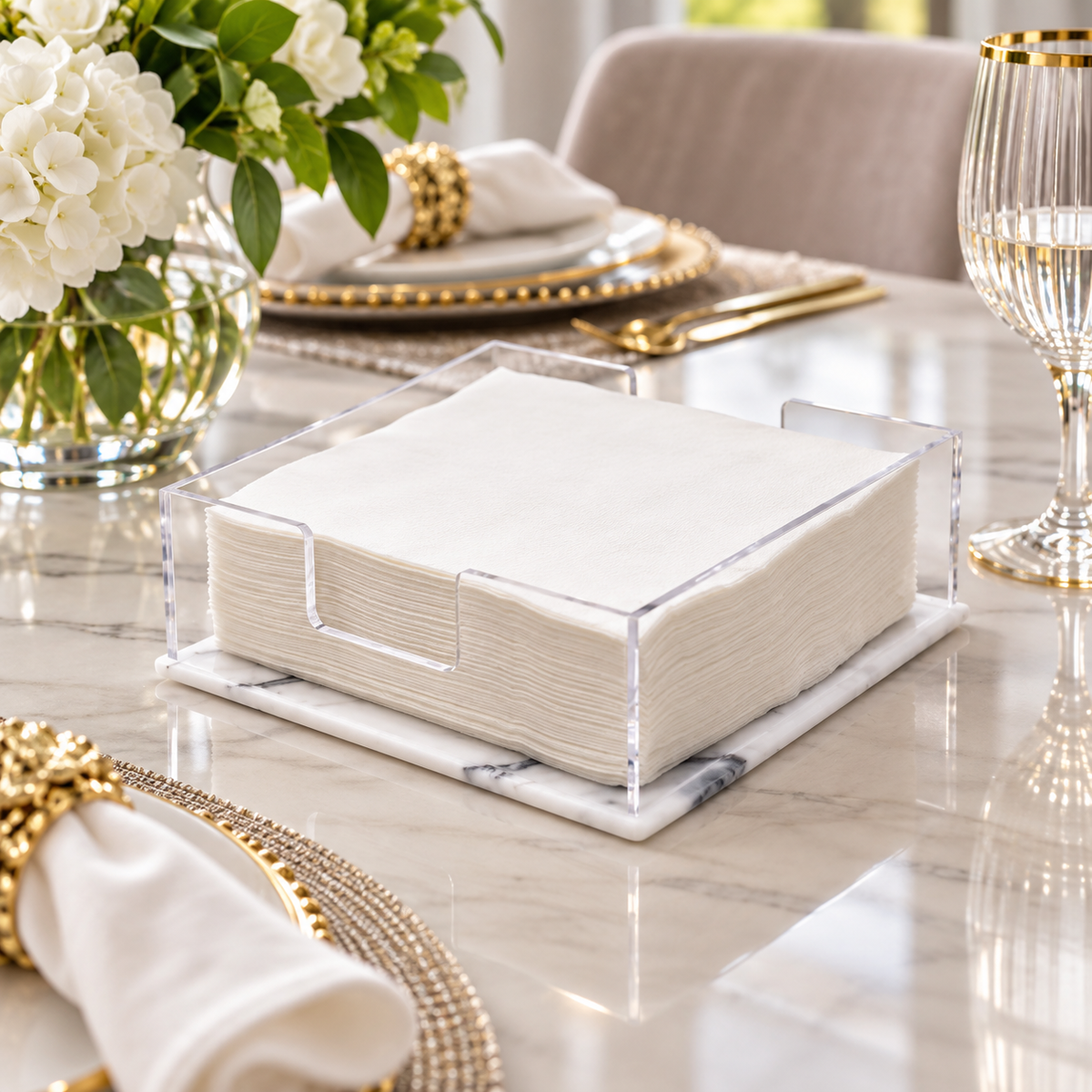 Acrylic Square Napkin Holder with White Base, 8"L