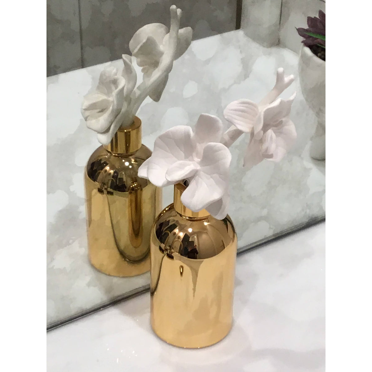 Gold Bottle Diffuser with Gold Cap and White Flower, "Lily of the Valley" Scent
