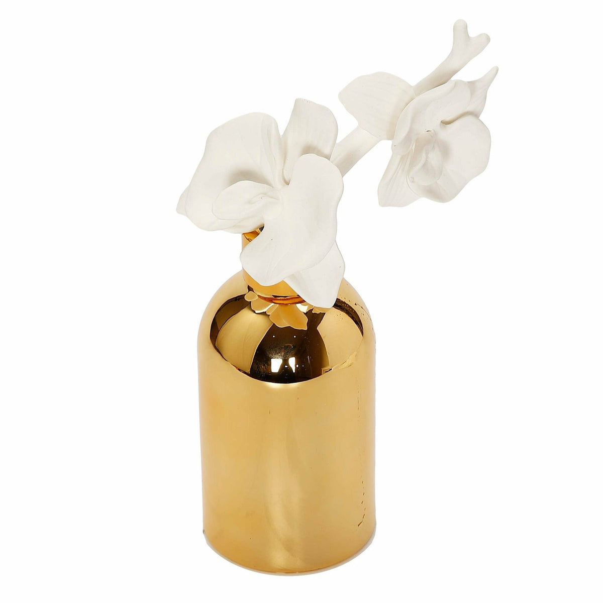Gold Bottle Diffuser with Gold Cap and White Flower, "Lily of the Valley" Scent
