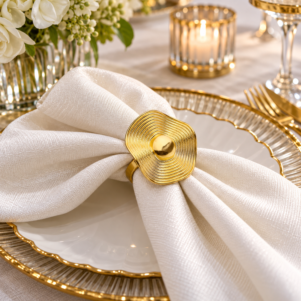 Set Of 6 Gold Button Design Napkin Rings