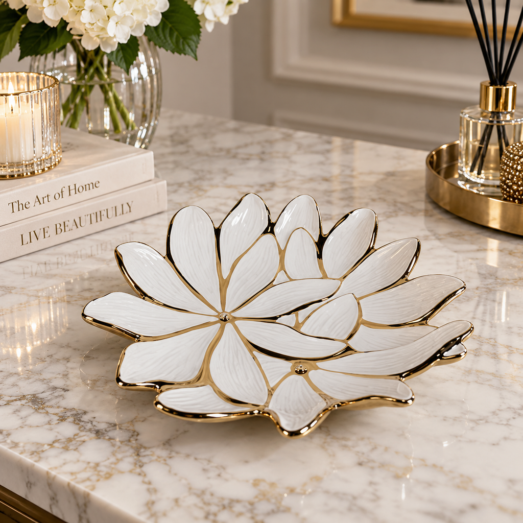 White Porcelain Flower Plate with Gold Edge, 13"