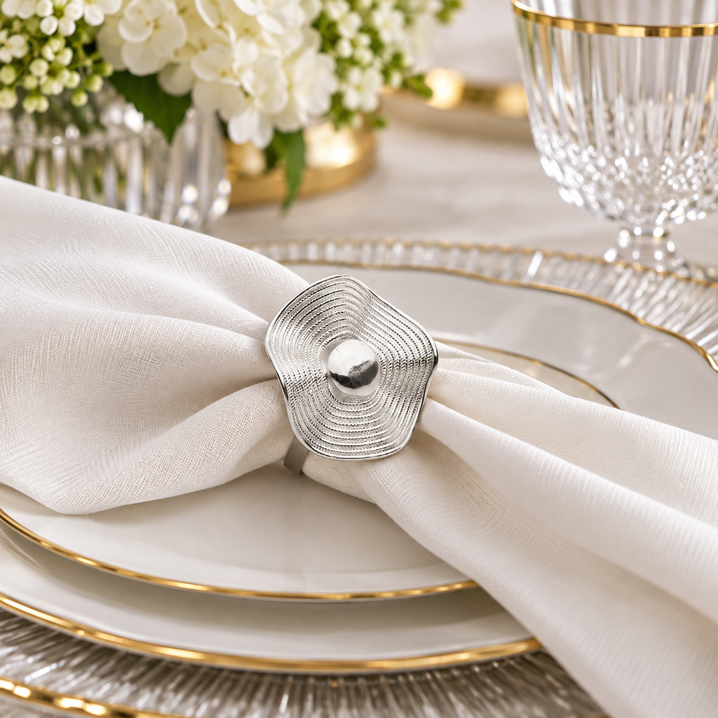 Set Of 6 Silver Button Design Napkin Rings