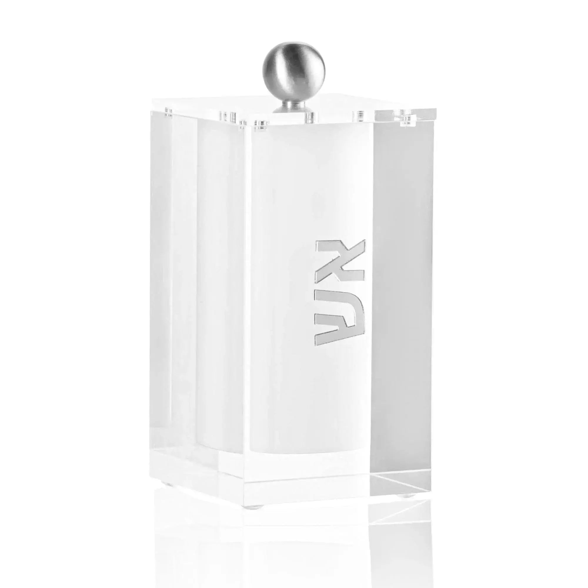 Block Match Jar in white acrylic with silver accents, a modern match holder for Shabbat and table settings.