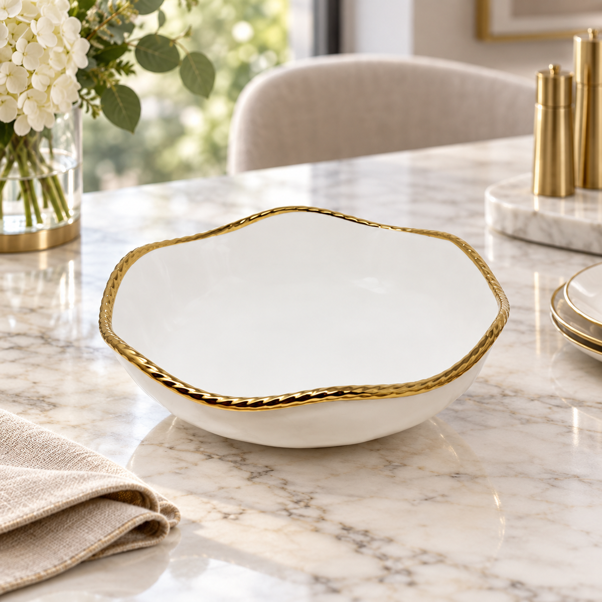 White Salad Bowl New Bone China with Gold Rope Edge