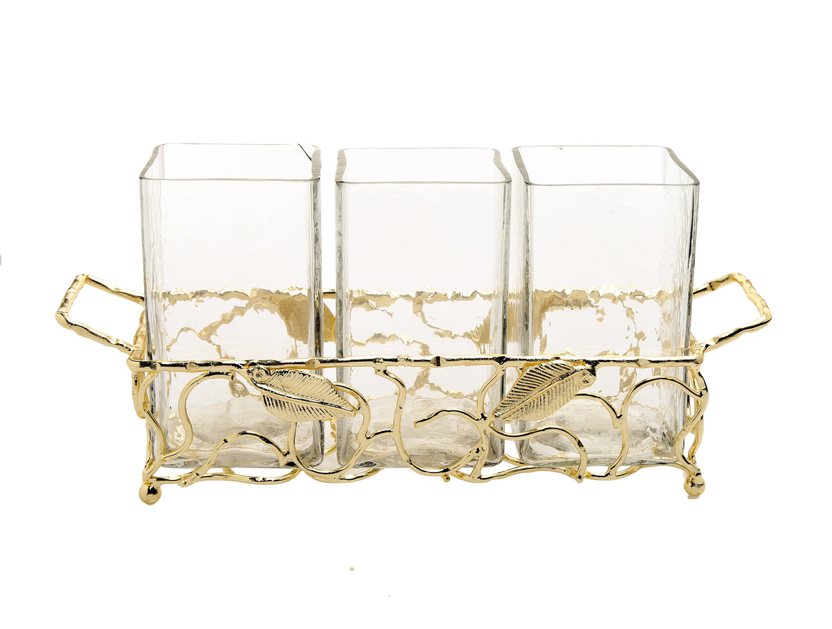 Gold Leaf Cutlery Holder with Hammered Glass Inserts