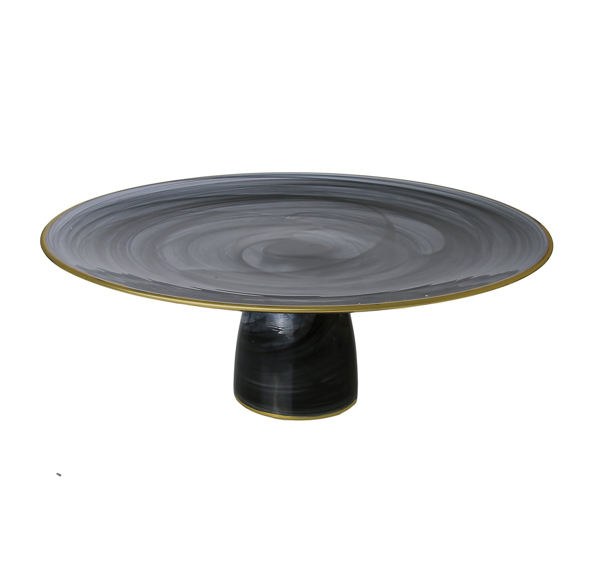 Black Alabaster Cake Plate on Stem with Gold Rim - 13"D