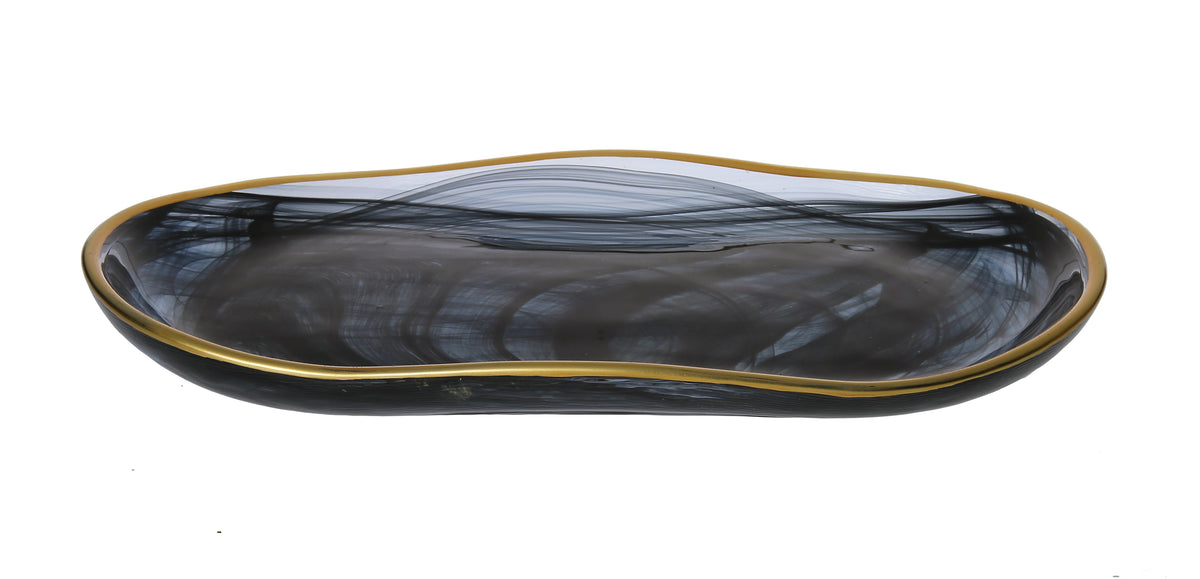 Black Alabaster Oval Tray With Gold Scalloped - 11" X 5.5"