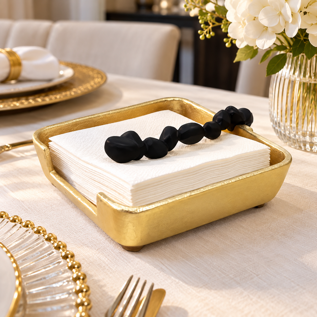 Square Napkin Holder with Black Pebble Design