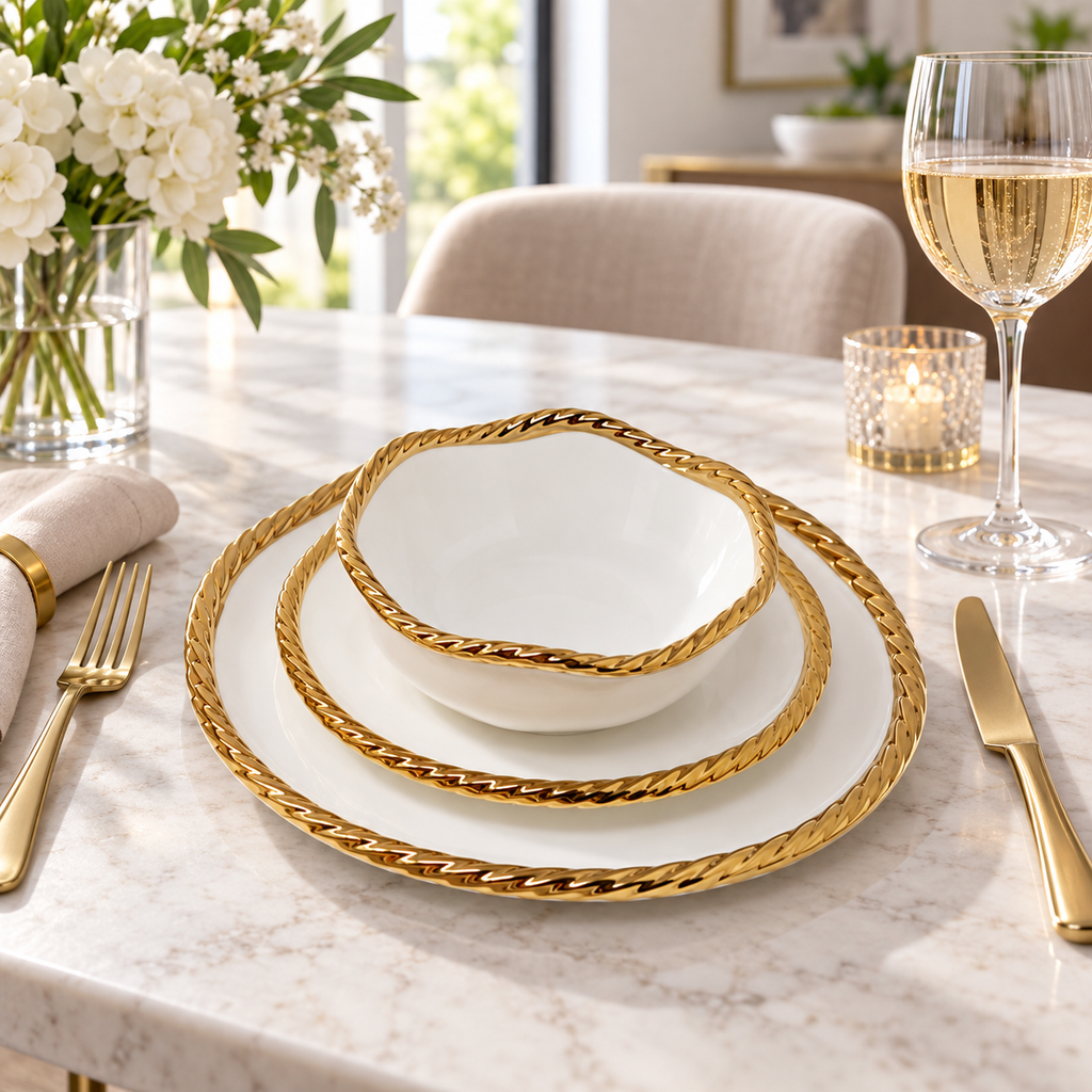 Set of 4 White Plates New Bone China with Gold Rope Edge
