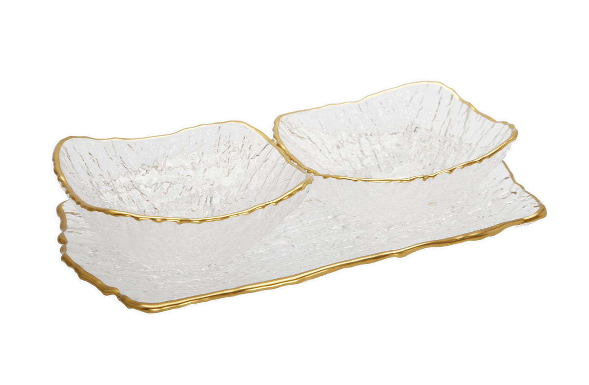 Glass 2 Bowl Relish Dish with Gold Trim