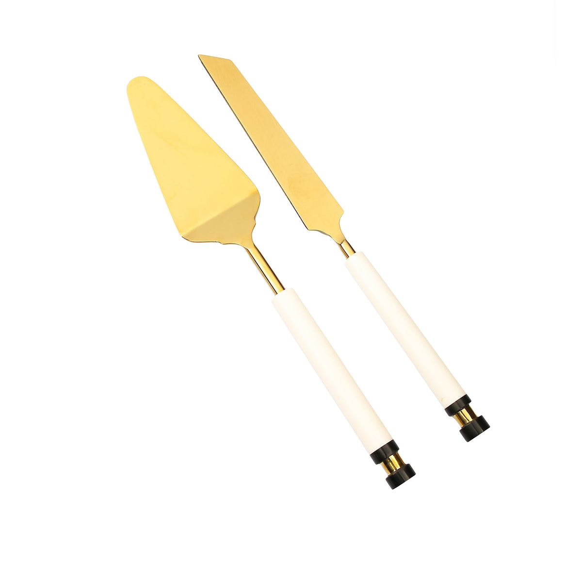 Set of 2 Gold Cake Servers with White Stone Handle Insert