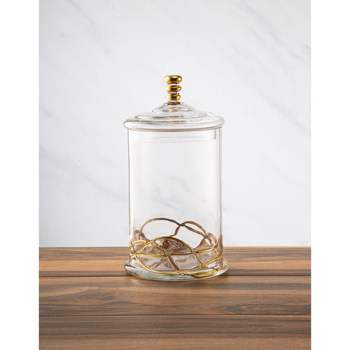 Glass Jar and Lid with 14k Gold Swirl Design