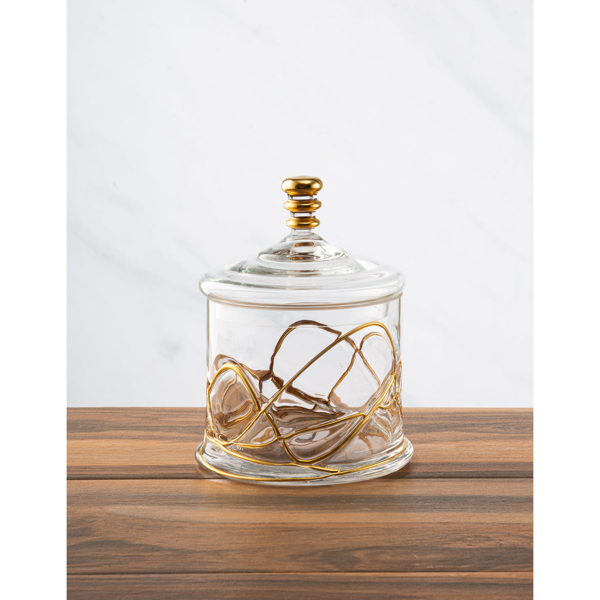 Glass Jar and Lid with 14k Gold Swirl Design