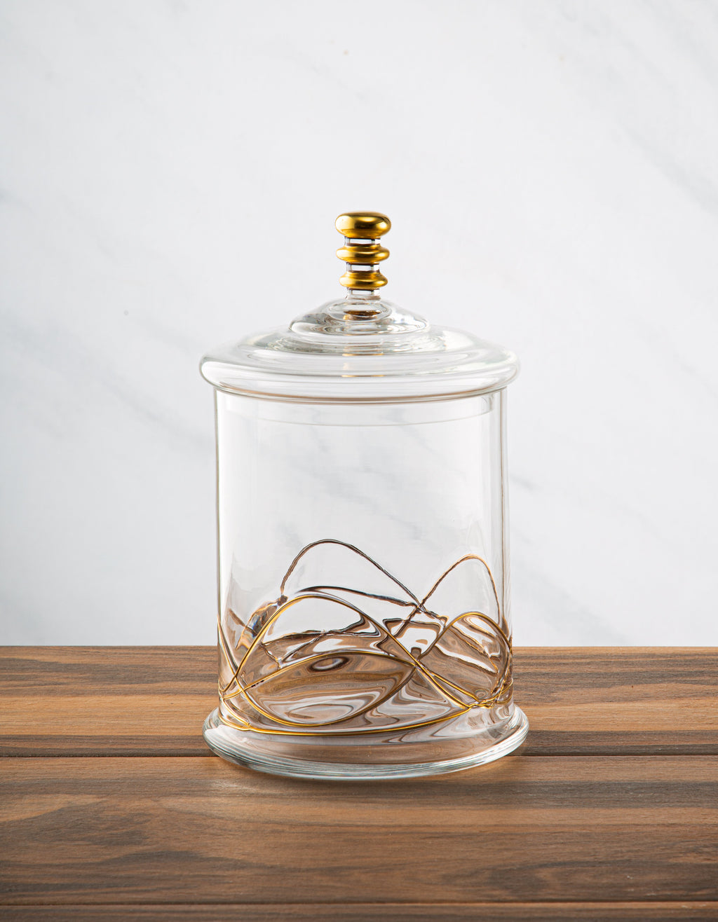Glass Jar and Lid with 14k Gold Swirl Design