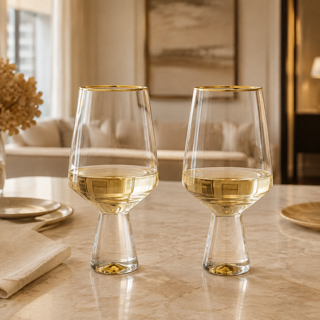 Set Of 6 Water Glasses With Gold Base And Rim - 2.25"D X 6.5"H